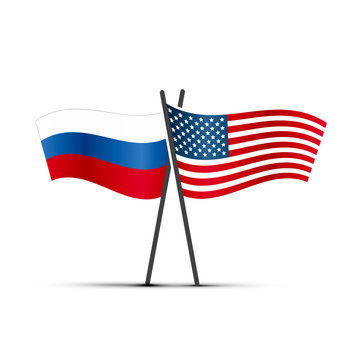 USA and Russia flags on poles on white