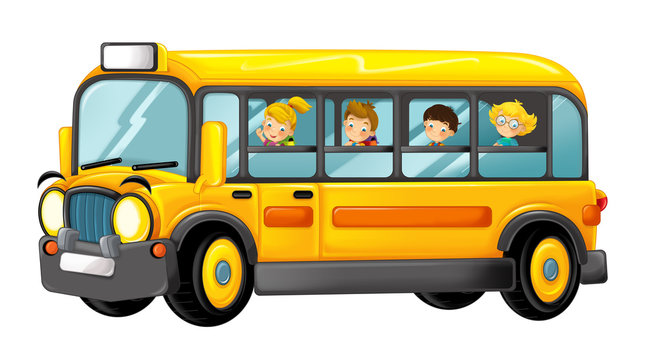 funny looking cartoon yellow school bus with kids - illustration for children