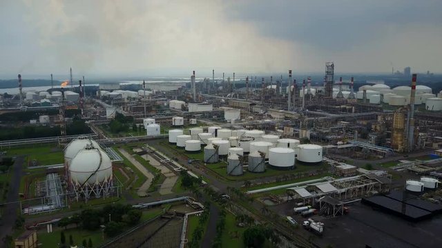 Drone shot of storage depot tanks of major oil refinery in central Java, Indonesia
