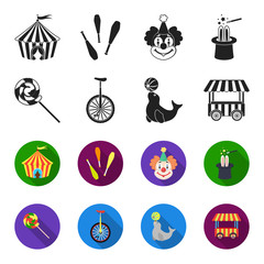 Lollipop, trained seal, snack on wheels, monocycle.Circus set collection icons in black,flet style vector symbol stock illustration web. © pandavector