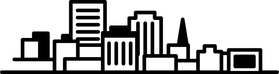 Simple icon illustration of the business district skyline of the suburb of Saint John, New Brunswick, Canada in black and white.