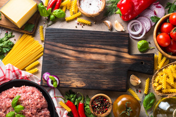 Minced meat, pasta and vegetables. 