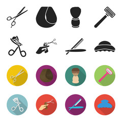 Scissors, brush, razor and other equipment. Hairdresser set collection icons in black,flet style vector symbol stock illustration web. © pandavector