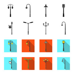 Lamppost in retro style,modern lantern, torch and other types of streetlights. Lamppost set collection icons in black,flet style vector symbol stock illustration web. © pandavector