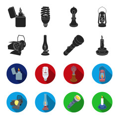 Searchlight, kerosene lamp, candle, flashlight.Light source set collection icons in black,flet style vector symbol stock illustration web. © pandavector
