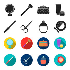 Nail file, scissors for nails, perfume, powder with a brush.Makeup set collection icons in black,flet style vector symbol stock illustration web. © pandavector