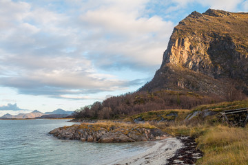 Fototapeta na wymiar Norwegian coast, old village in background, Norway