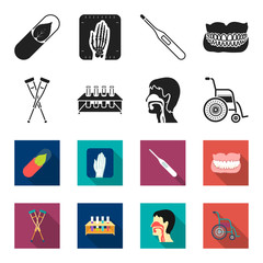 Crutch, tripod with test tubes, wheelchair, human respiratory system. Medicine set collection icons in black,flet style vector symbol stock illustration web. © pandavector