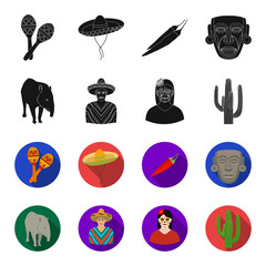 Tapir Mexican animal, a Mexican in national clothes in a poncho, a woman with a flower, a cactus. Mexico country set collection icons in black,flet style vector symbol stock illustration web. © pandavector