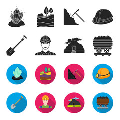 A shovel, a miner, an entrance to a mine, a trolley with coal.Mine set collection icons in black,flet style vector symbol stock illustration web. © pandavector
