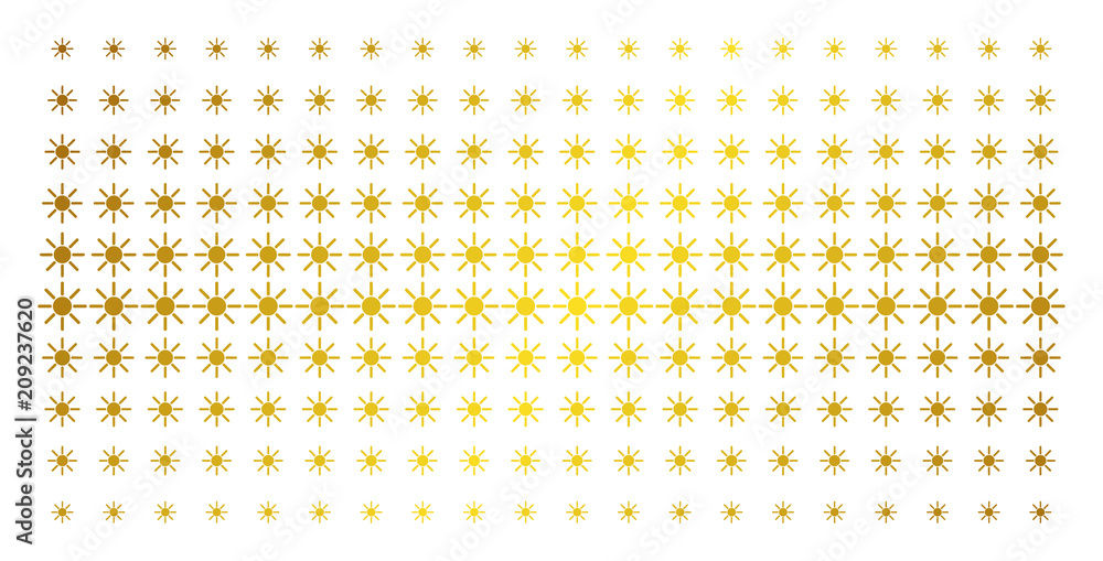 Poster sun icon golden halftone pattern. vector sun shapes are organized into halftone matrix with inclined