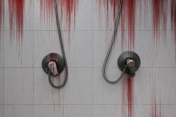 Bloody background scary with drops water on the shower valve handle for swimming pool, concept of horror and Halloween