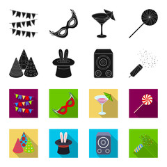Tricks, music and other accessories at the party.Party and partits set collection icons in black,flet style vector symbol stock illustration web. © pandavector