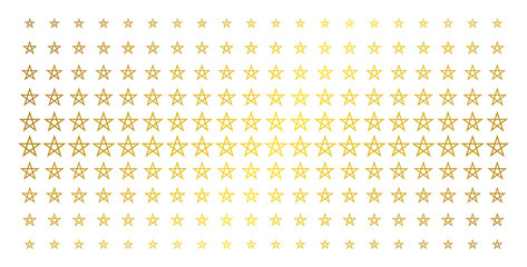 Star pentagram icon gold halftone pattern. Vector star pentagram symbols are organized into halftone grid with inclined gold gradient. Constructed for backgrounds, covers,