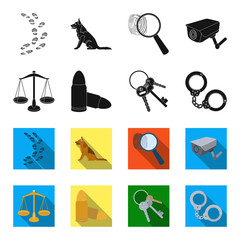 Scales of justice, cartridges, a bunch of keys, handcuffs.Prison set collection icons in black,flet style vector symbol stock illustration web. © pandavector