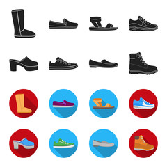 Flip-flops, clogs on a high platform and heel, green sneakers with laces, female gray ballet flats, red shoes on the tractor sole. Shoes set collection icons in black,flet style vector symbol stock © pandavector