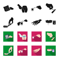 Anesthetic injection, dental instrument, hand manipulation, tooth cleaning and other web icon in black,flet style.bactericidal plaster, medicine icons in set collection. © pandavector