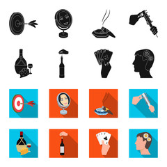 Bottle, a glass of wine and cheese, clogging with a corkscrew and other web icon in black,flet style. A combination of cards in hand, a person's head and an idea generator icons in set collection. © pandavector