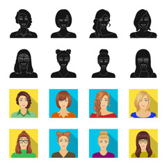 The face of a girl with glasses, a woman with a hairdo. Face and appearance set collection icons in black,flet style vector symbol stock illustration web. © pandavector