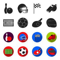 Field, stadium with markings for playing football, football ball, racket with a ball for ping-pong, protective helmet for the game,glove for baseball or rugby. Sport set collection icons in black,flet © pandavector