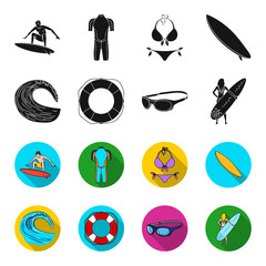 Oncoming wave, life ring, goggles, girl surfing. Surfing set collection icons in black,flet style vector symbol stock illustration web. © pandavector