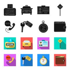 Handset with the inscription of a taxi, car keys with a key fob, a stopwatch with a fare, a purse with money, dollars. Taxi set collection icons in black,flet style vector symbol stock illustration © pandavector