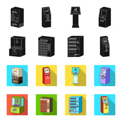 A game machine, a ticket sales terminal, an automaton for selling aqua and chocolate. Terminals set collection icons in black,flet style isometric vector symbol stock illustration web . © pandavector