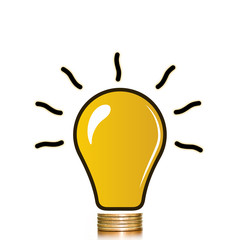 Stack of money coins with light bulb ideas on top on white background, concept of financial planning