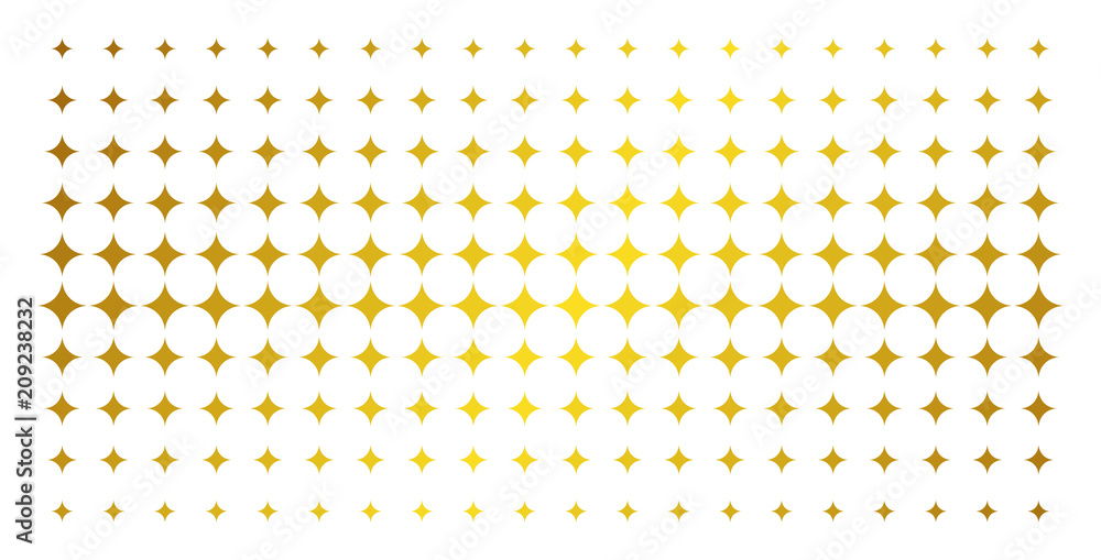 Poster sparkle star icon gold halftone pattern. vector sparkle star shapes are arranged into halftone grid 