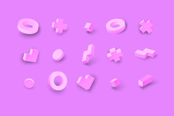 3d geometric figures isolated on pink background.