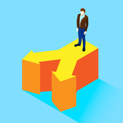 Blue background with man makes decision.