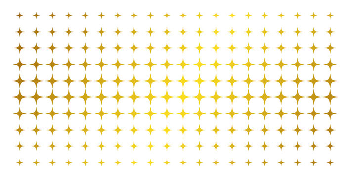 Space star icon golden halftone pattern. Vector space star items are arranged into halftone matrix with inclined golden gradient. Designed for backgrounds, covers, templates and abstract effects.
