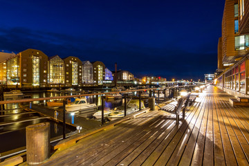 View of the marina and port in Trondhemi at night. Norway. Skyline of city. 