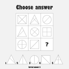 Choose correct answer, IQ test with geometric shapes for children, fun education game for kids, preschool worksheet activity, task for the development of logical thinking, vector illustration