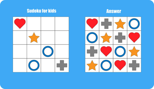 Sudoku game with pictures (colorful geometric shapes) for children, easy level, education game for kids, preschool worksheet activity, task for the development of logical thinking, vector illustration