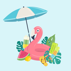Summer beach template with pink flamingo inflatable pool float, exotic leaves, fruits and beach umbrella.  Summer beach vacations concept. Vector illustration on blue background