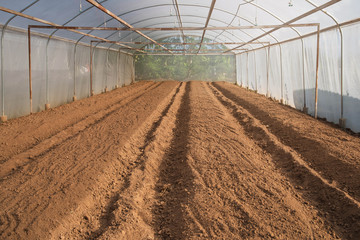 Greenhouse for cultivation. Background of newly plowed field ready for new crops.