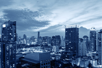 metropolis cityscape in dark blue tone color filter