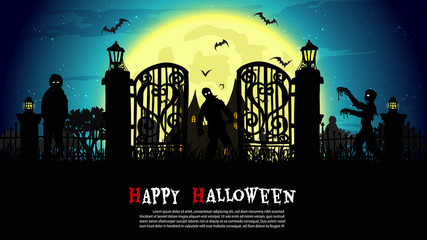 Zombies walking on Halloween night.Halloween background from vector 