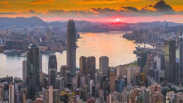 4k timel;aspe day to night sunrise scene of hongkong cityscape view from victoria peak, hongkong