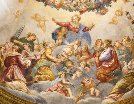 PARMA, ITALY - APRIL 15, 2018: The fresco of Assumption of Virgin Mari in side cupola of church  Chiesa di Santa Cristina by Filippo Maria Galletti (1636 - 1714)