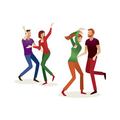 Happy group of couples dancing on a white background. The concept of friendship, love, healthy lifestyle, fun, success. Vector illustration in a flat style