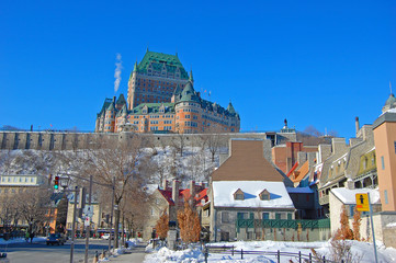 Chateau Frontenac of Quebec City in winter, viewed from Boulevard Champlain near Chevalier House, Quebec City, Quebec, Canada.