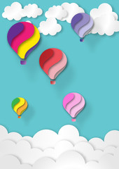 Colorful balloon in blue sky and white cloud paper art style vector