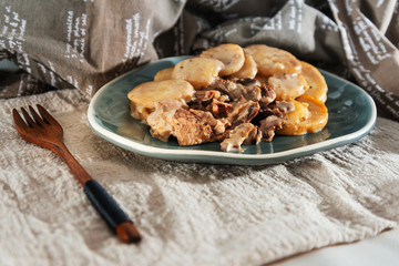 juicy steak veal beef meat with tomato and potatoes