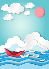 Leadership concept with paper art, origami, ocean or sea view and blue sky paper craft style vector