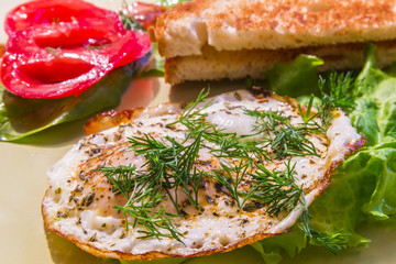 fried eggs with toast and tomatoes