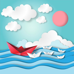 Leadership concept with paper art, origami, ocean or sea view and blue sky paper craft style vector