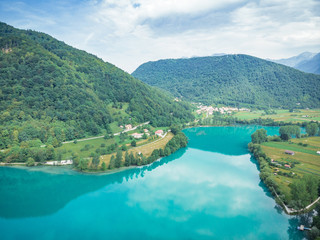 Aerial drone view over Most na Soci lake,Slovenia