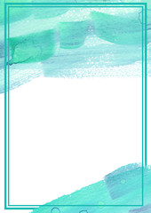 Teal green and turquoise blue abstract brush strokes painted in watercolor surrounded by rectangular double frame on clean white background. International paper size A4 format. - 209245473